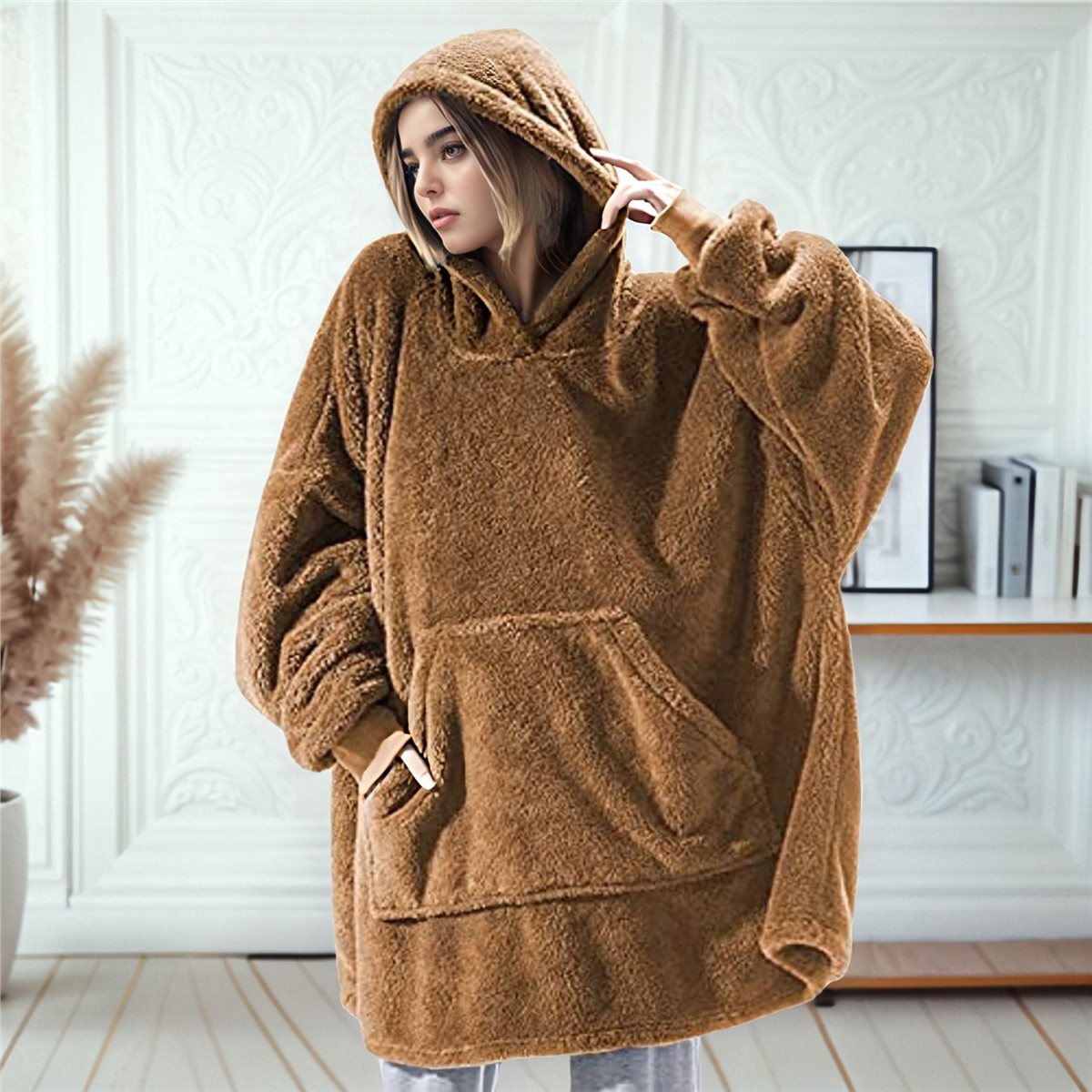 Oversized Blanket Hoodie Sweatshirt, Wearable Lounging Pullover for Adults Women Men Dark Brown One size