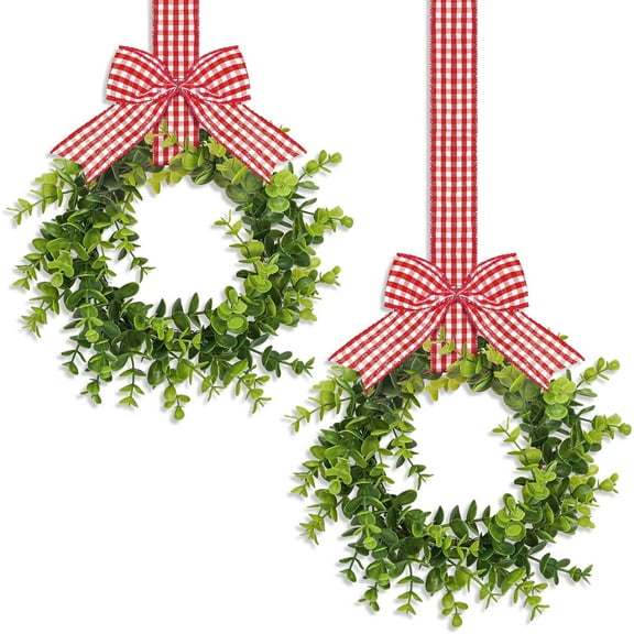 Guvpev 2Pcs Christmas Kitchen Cabinet Wreaths - 9.8" Artificial Boxwood Wreath with Buffalo Plaid Bow Ribbon for Mantel, Wall Window, Artificial Spring Greenery Garlands for Front Door Xmas Decor