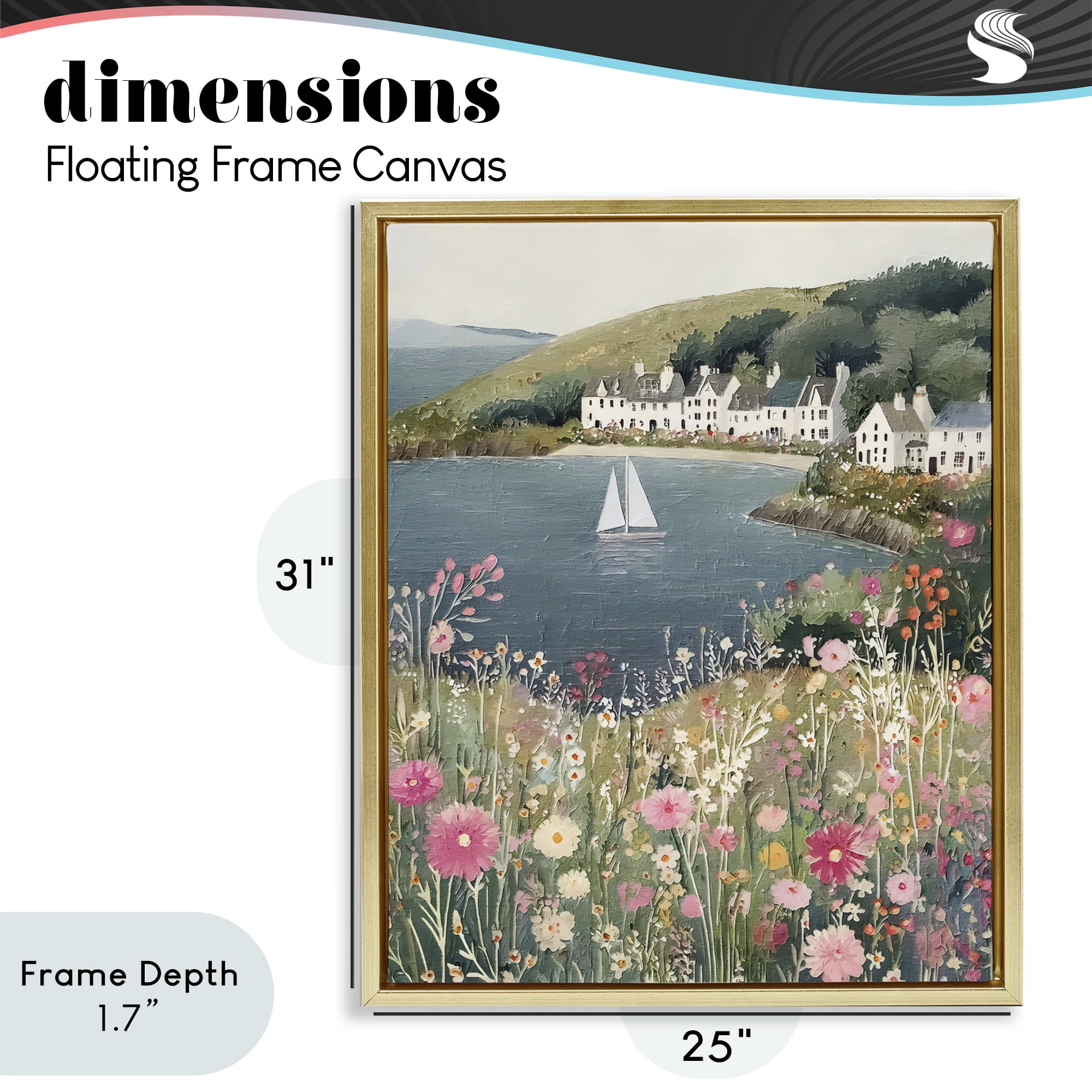 Stupell Industries Clifftop Meadow & Sailboat Gold Framed Floater Canvas Wall Art, design by Riley B