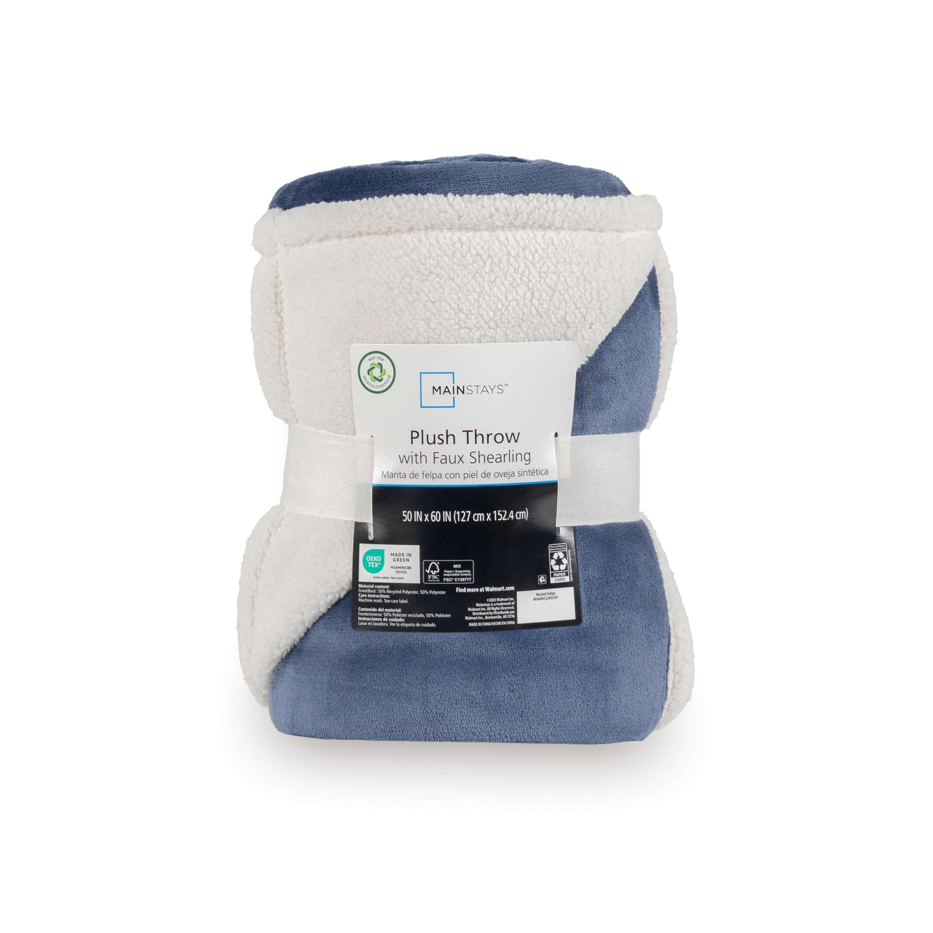 Mainstay Reversible Printed Velvet Plush and Hampshire Faux Shearling Soft Throw Blanket, Standard Size, Washed Indigo