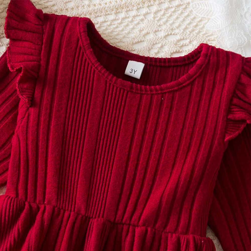 IWEMEK Long Sleeve Dress for Girls Pleated Round Neck Vintage Red Dresses Xmas Party Dress Comfy Knitted Outfit Set 7T