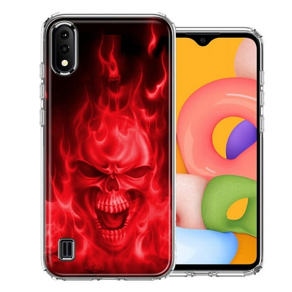 MUNDAZE For Samsung A01 Red Flaming Skull Design Double Layer Phone Case Cover