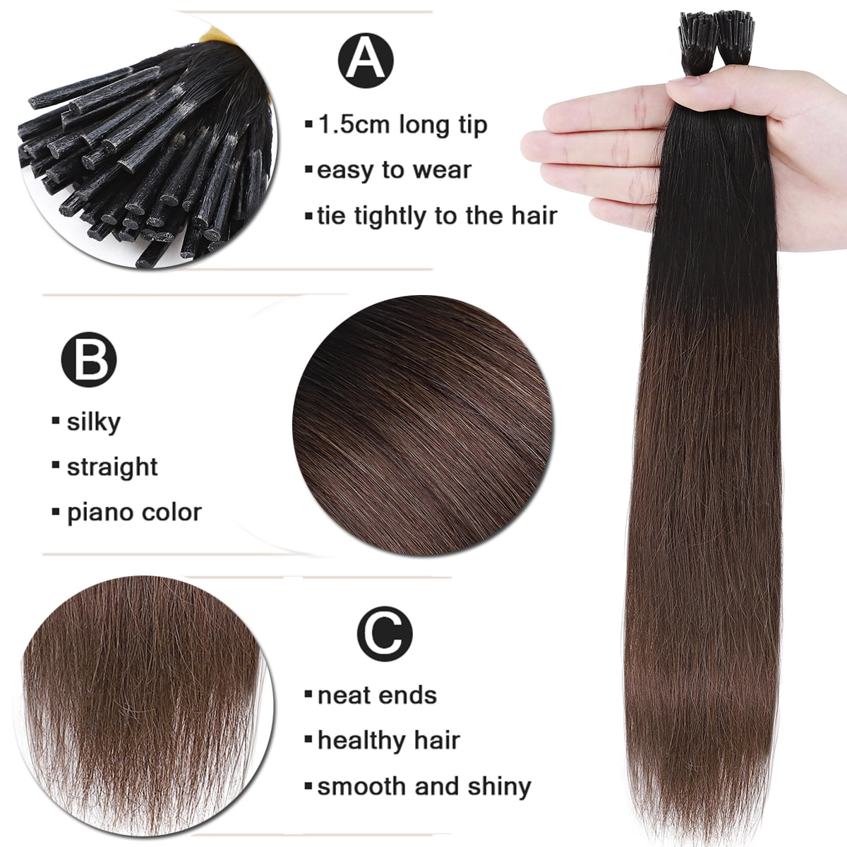 SEGO I Tip Hand-Tied Human Hair Extensions Cold Fusion Off Black 100 Strands Soft Straight Remy Hair Pre Bonded Stick Shoelace Tips
