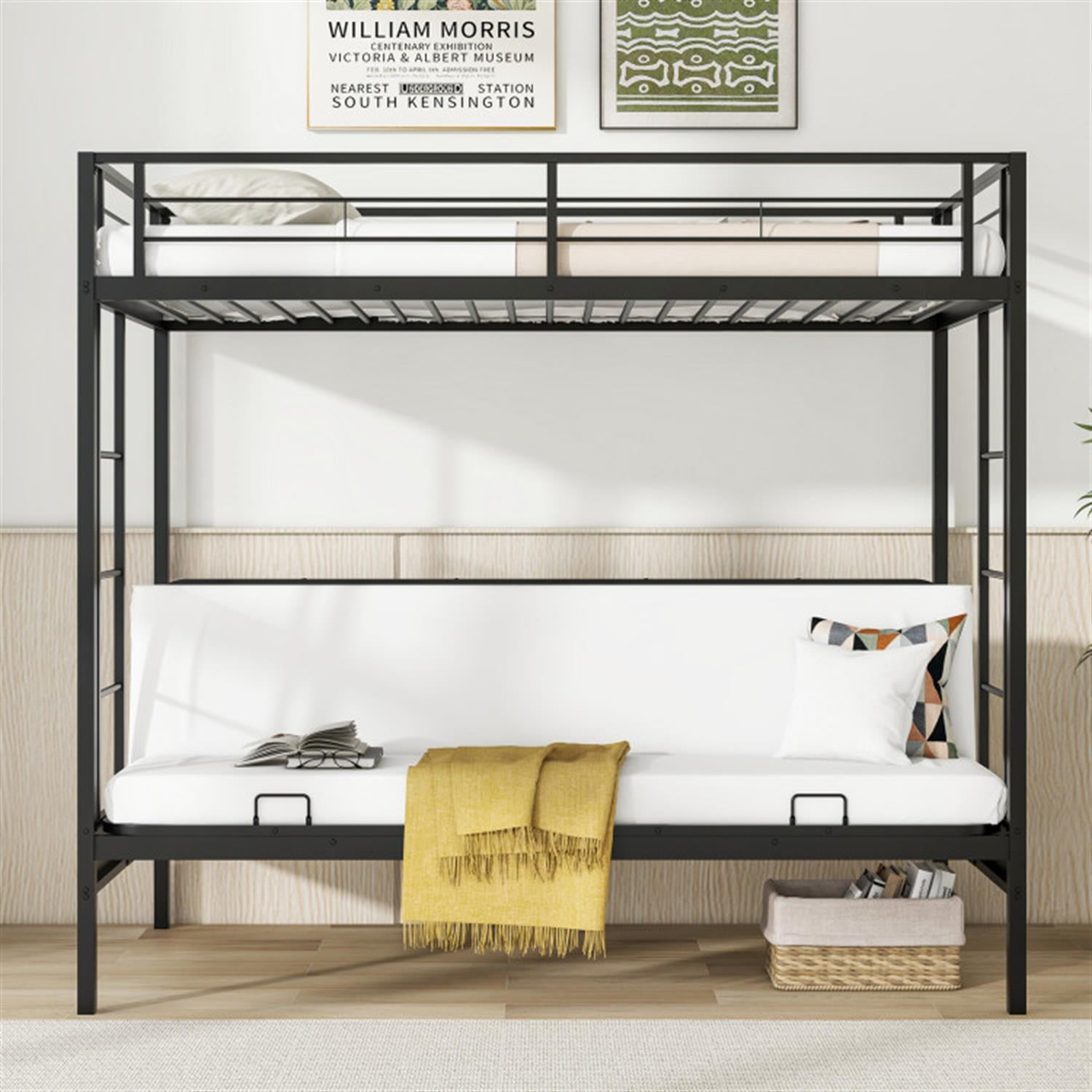 Demi Bonn Twin Over Futon Bunk Bed with 2 Ladders and Safety Guardrails, Metal Bunkbeds for Bedroom, No Box Spring Needed, Black