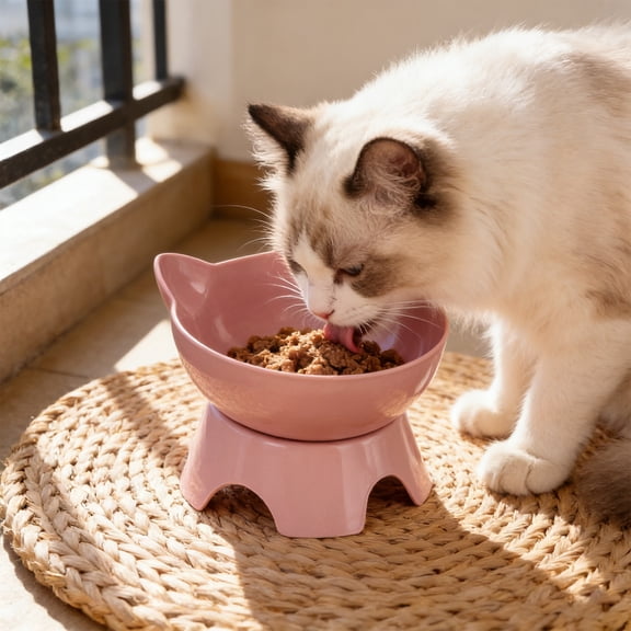 Oioii Detachable Elevated Cat Bowls, Tilted Raised Cat Food Bowl Anti-Vomiting,Whisker Friendly, Large Adjustable Cat Dishes for Protecting Spine, Adult Kitten, Pink