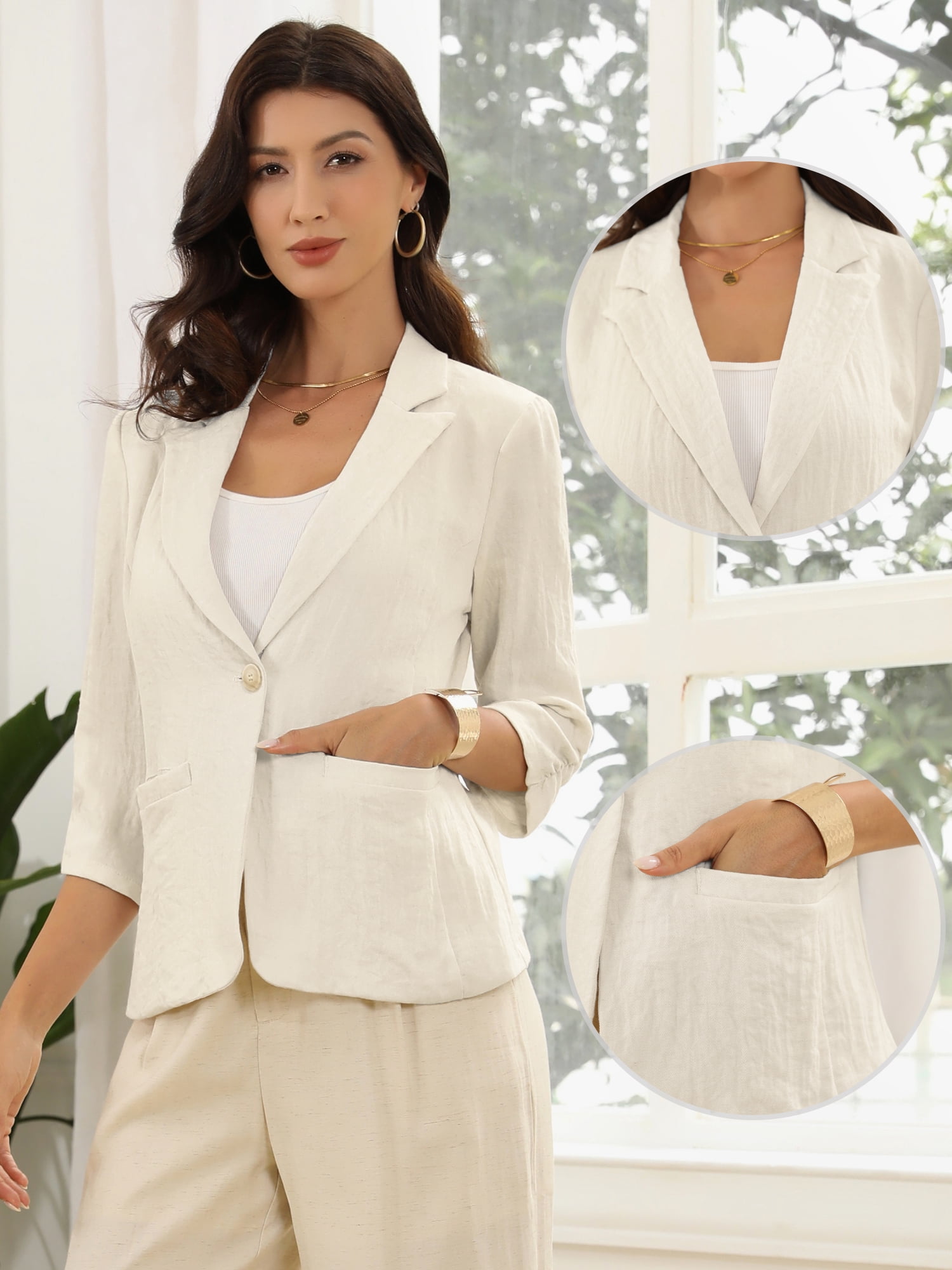 DARING DIVA Women's Linen Notch Lapel 3/4 Sleeve Suit Blazer Jacket S Beige