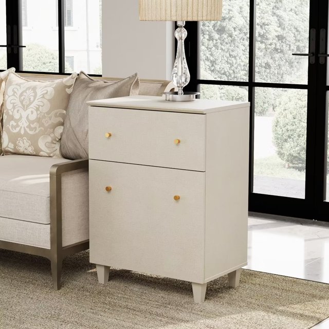 WAMPAT End Table with Drawer,Modern Large Sofa Couch Side Table,Nightstand with Adjustable Storage Shelf,Beige Faux Linen Textured Finish Wood Accent Table with Door for Living Room,23.6x15.3x32.4
