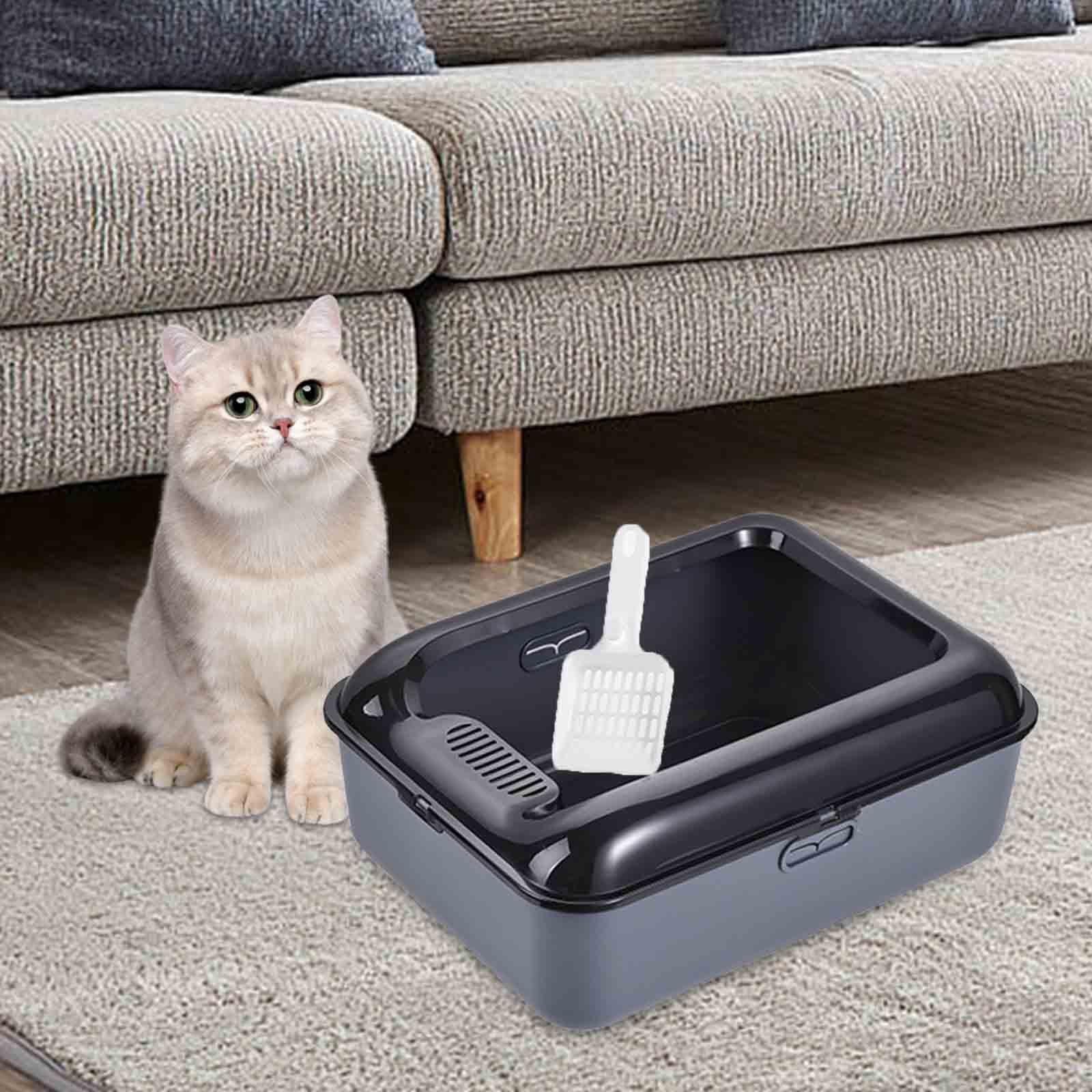 perfeclan Cat Litter Box Open Top Pet Litter Tray Cat Litter Container Cat Pan Prevent Sand Leakage Semi Enclosed Cat Toilet Removable Gray M