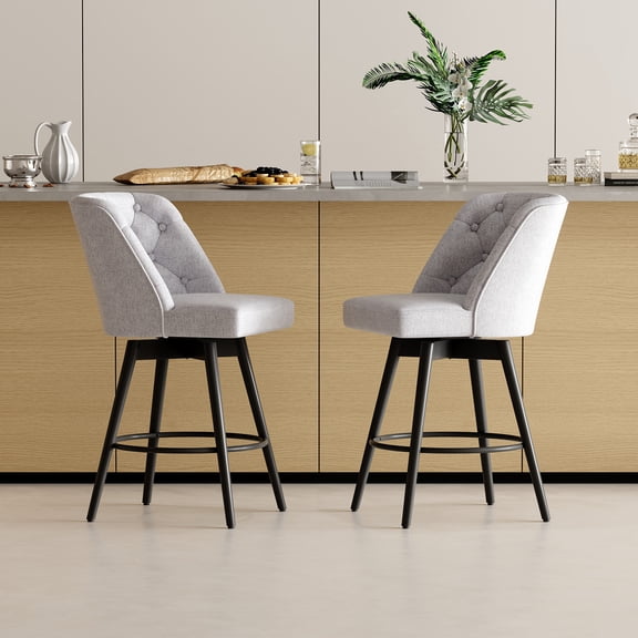Kicctian Modern Swivel Bar Stools Set of 2 – 26" Counter Height with Backs, Upholstered Linen Fabric, Iron Footrest for Kitchen Island, Home Bar, Dining Room,Light Grey