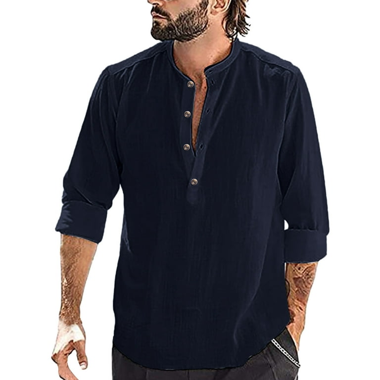 adviicd Men's Fashion Cotton Linen Shirt Long Sleeve Solid Color