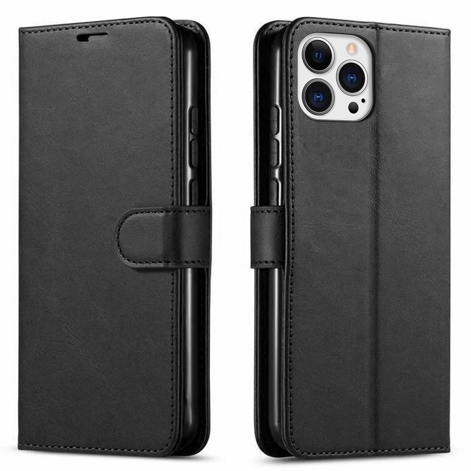 iPhone 12 Pro Case, Starshop Premium Leather Wallet Pocket Credit Card Slots-Black