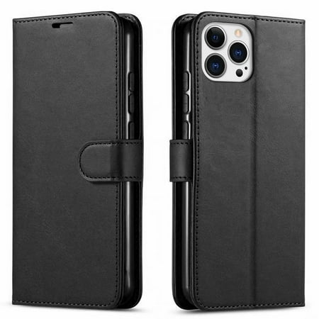 iPhone 12 Pro Case, Starshop Premium Leather Wallet Pocket Credit Card Slots-Black