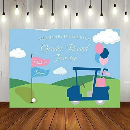 Image of Golf Gender Reveal Party Backdrop Blue or Pink Boy or Girl Baby Shower Sports Background Putters or Pearls Copper Grommets Banner 5x3ft