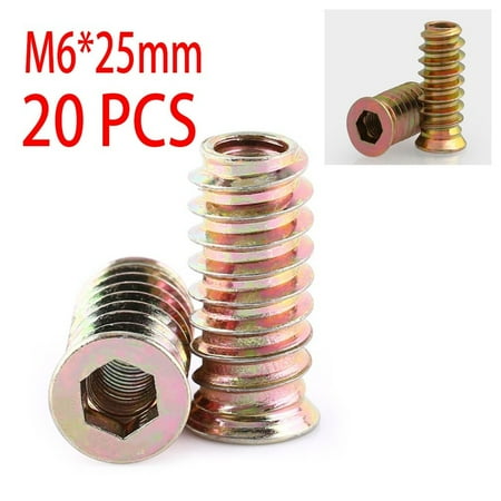 

20Pcs M6*25mm Zinc Plated Steel Furniture Hex Drive Nut Wood Insert Nuts New