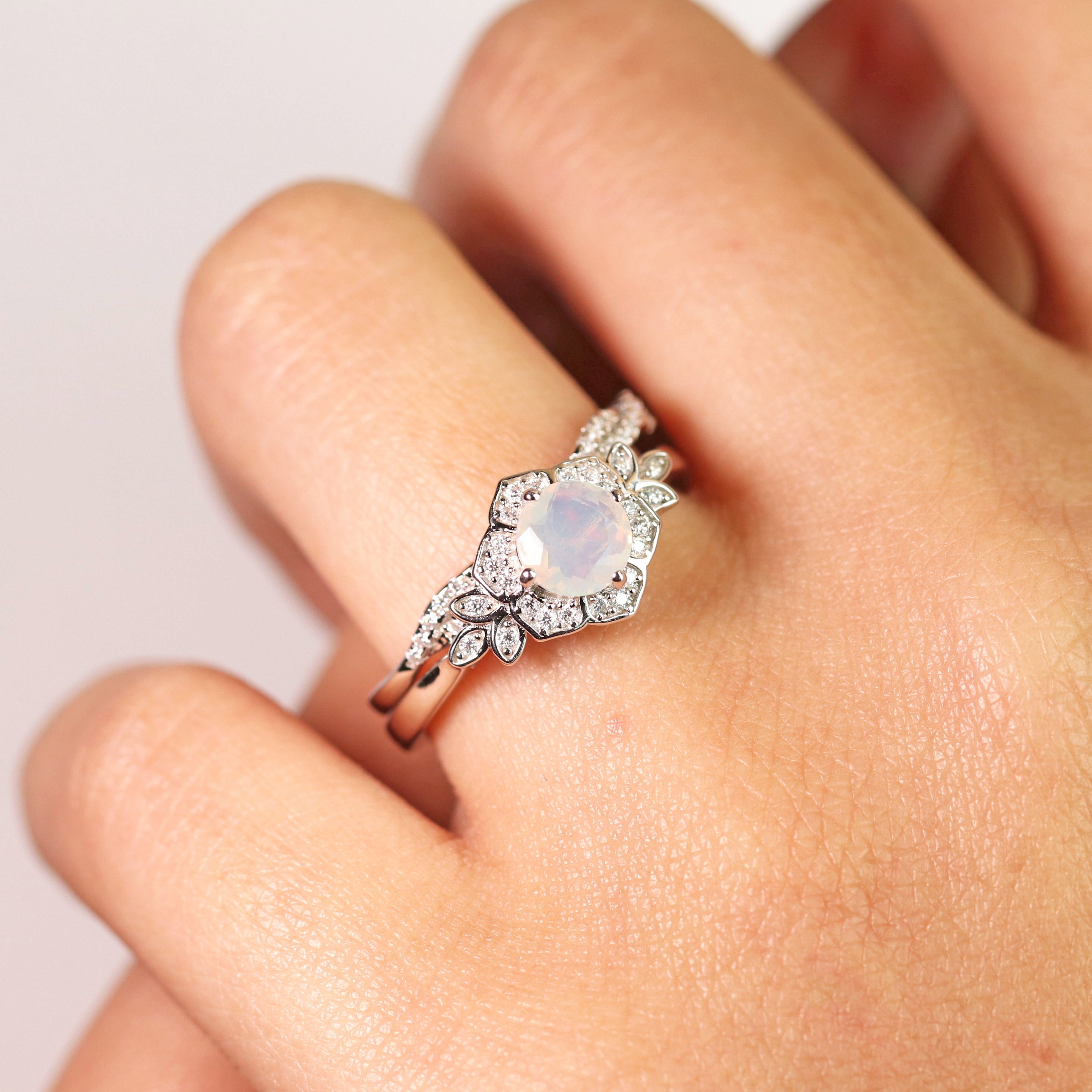 JeenMata 1.75 ct Genuine Round Blue Lab Created Opal and Moissanite Bridal Ring Set in 18K White Gold over Silver