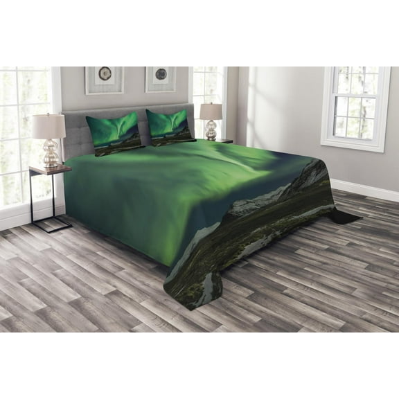 Ambesonne Green Quilted Bedspread Set 3 Pcs, Polaris Mountain, King Size, Army Green Blue Grey