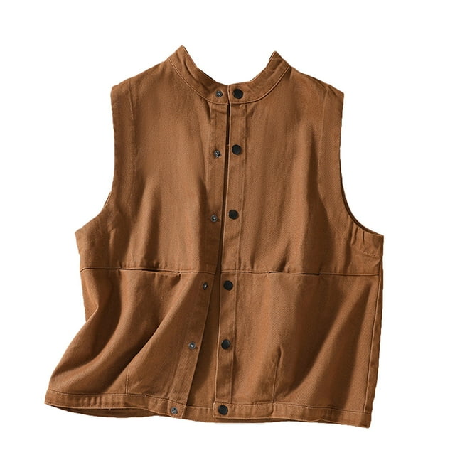 Timegard Gilets pour Femmes en Coton Lin Sans Manches Chemises Boutonnées Hauts Mode Automne Vestes Ouvertes