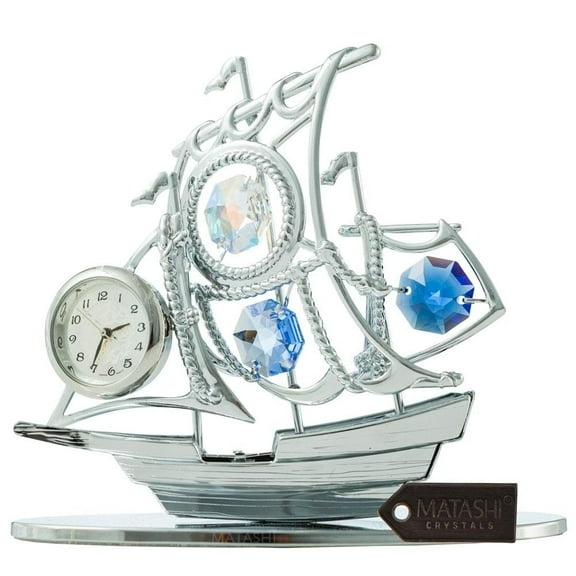 Matashi  Chrome Silver Sailboat Tabletop Ornament with Clock Blue Crystals Home  or Work Decoration