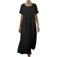 thumbnail image 1 of FRSASU Robe en Coton et Lin Femme à Manches Courtes Col Rond Robe Maxi Bohème Décontractée Été Modeste Longue Fluide Plage Vacances Robes Noir P(S), 1 of 5
