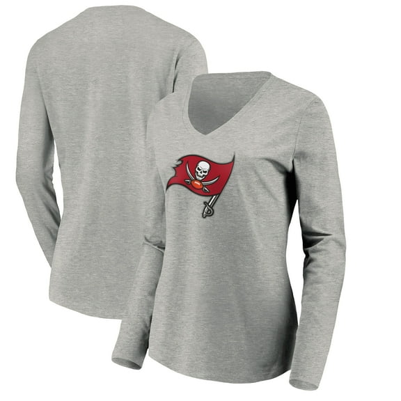 Women's Heather Gray Tampa Bay Buccaneers Primary Logo Long Sleeve V-Neck T-Shirt