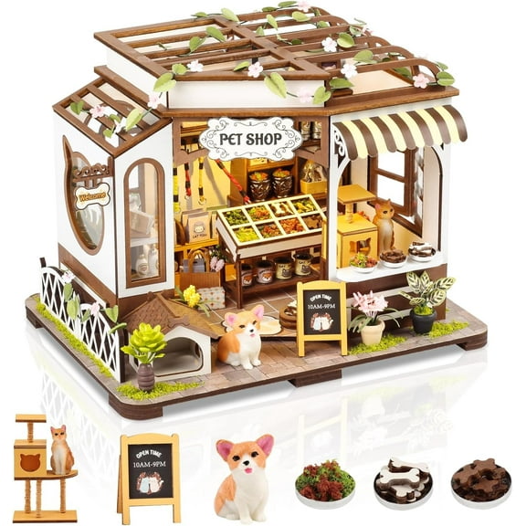 DIY Miniature House Kit,Pet Shop Dollhouse with Furniture & LED,Adults Teens Mini Diorama House Building Kit,3D Wooden Crafts Tiny House Model,Xmas Birthday Gifts Home Table Decor,Fun for Self Time