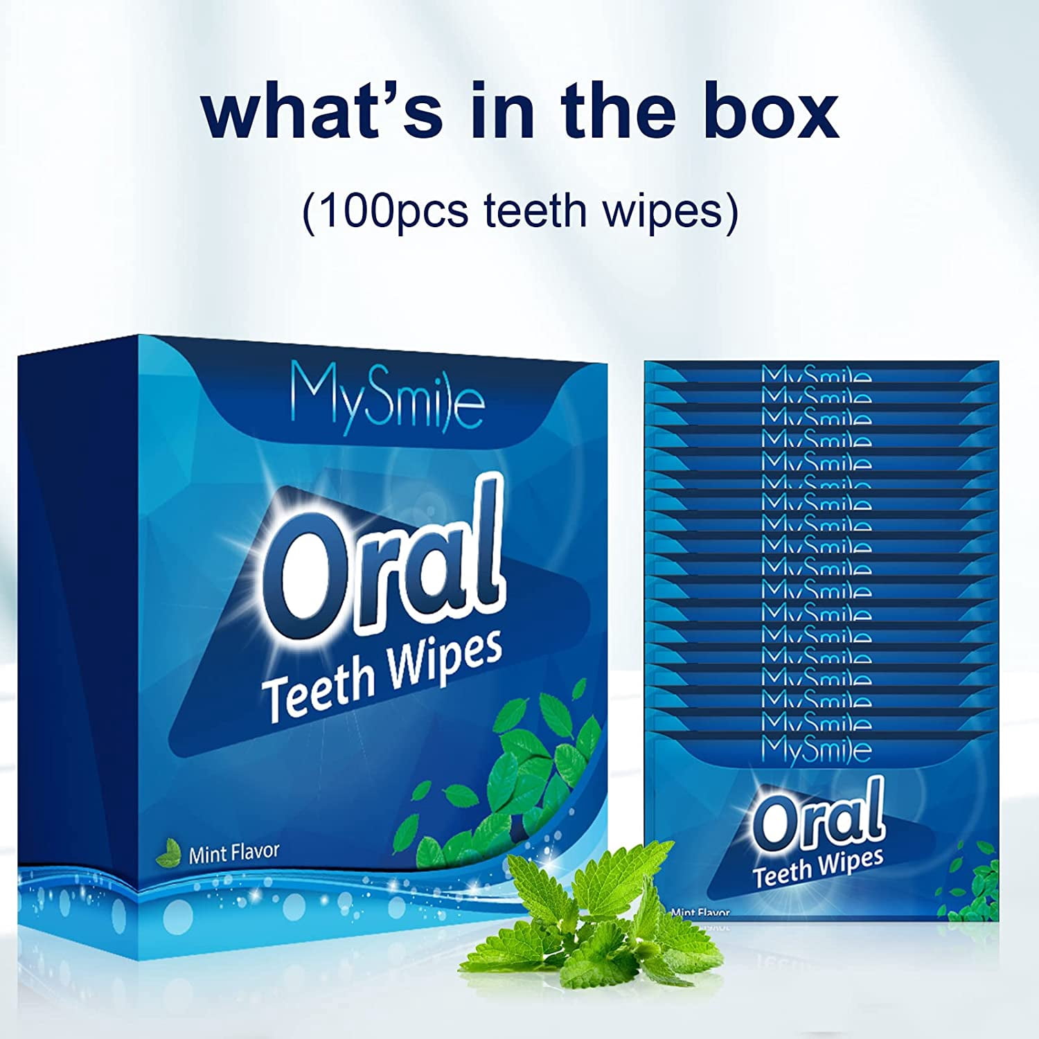 MySmile 100pcs Disposable Deep Cleaning Teeth Wipes Finger Brush Ups Tooth Wipes Oral Freshes Clean Wipes, Mint Flavor