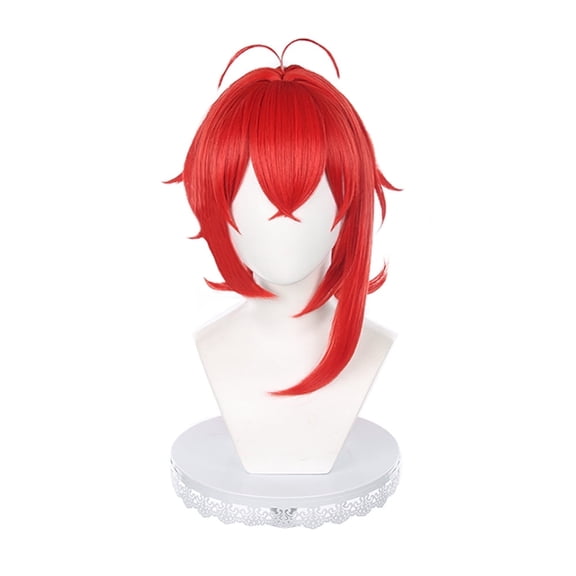JJKcosplay Game Diluc Cosplay Wig for G-I Red Long Ponytail Reverse Curly Party Halloween Wig