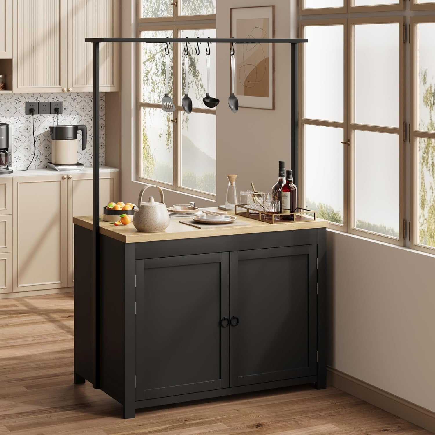 42" Kitchen Island with Storage, Multi-Functional Island Table with 2-Tier Shelves, Kitchen Counter with 5 Hooks for Kitchen, Dining Room