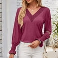 thumbnail image 4 of Ahdbta Women's Fall Blouses Fashion Lace Trim Sexy V-Neck Solid Color Tee Shirts Smocked Cuff Ruffle Long Sleeve Tunic Tops, 4 of 7