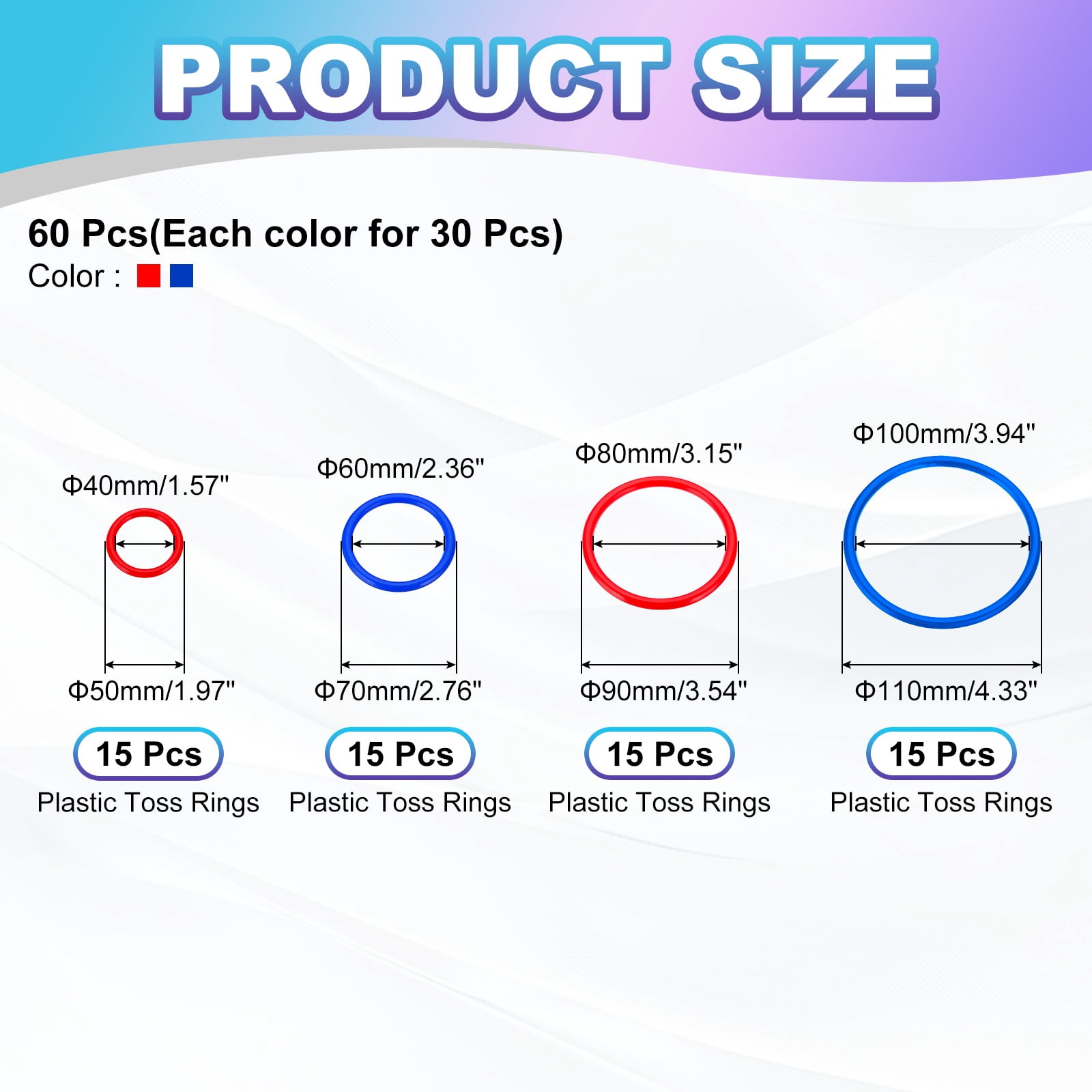 Uxcell Plastic Toss Ring 4 Sizes, 60 Pack Sports Rings Toss Game for Carnival Outdoor Games, Red/Blue