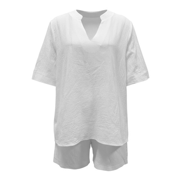 ZIXKCGDSE Women 2 Piece Linen Short Sets V Neck Pullover Shirt and Shorts Summer Outfits Size M