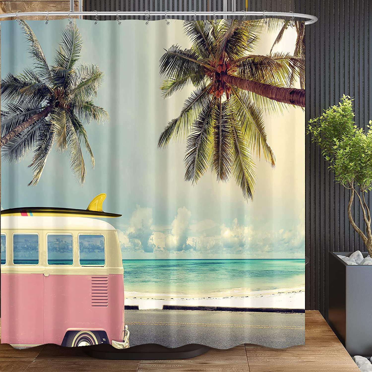 72" Tropical Palm Tree Surf Waterproof Fabric Shower Curtain Bath Accessory Set 