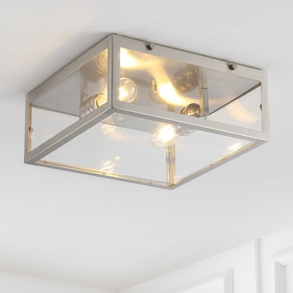 JONATHAN Y Grayson 12" 2-Light Bohemian Farmhouse Iron/Glass LED Flush Mount, Nickel/Clear, JYL9501D