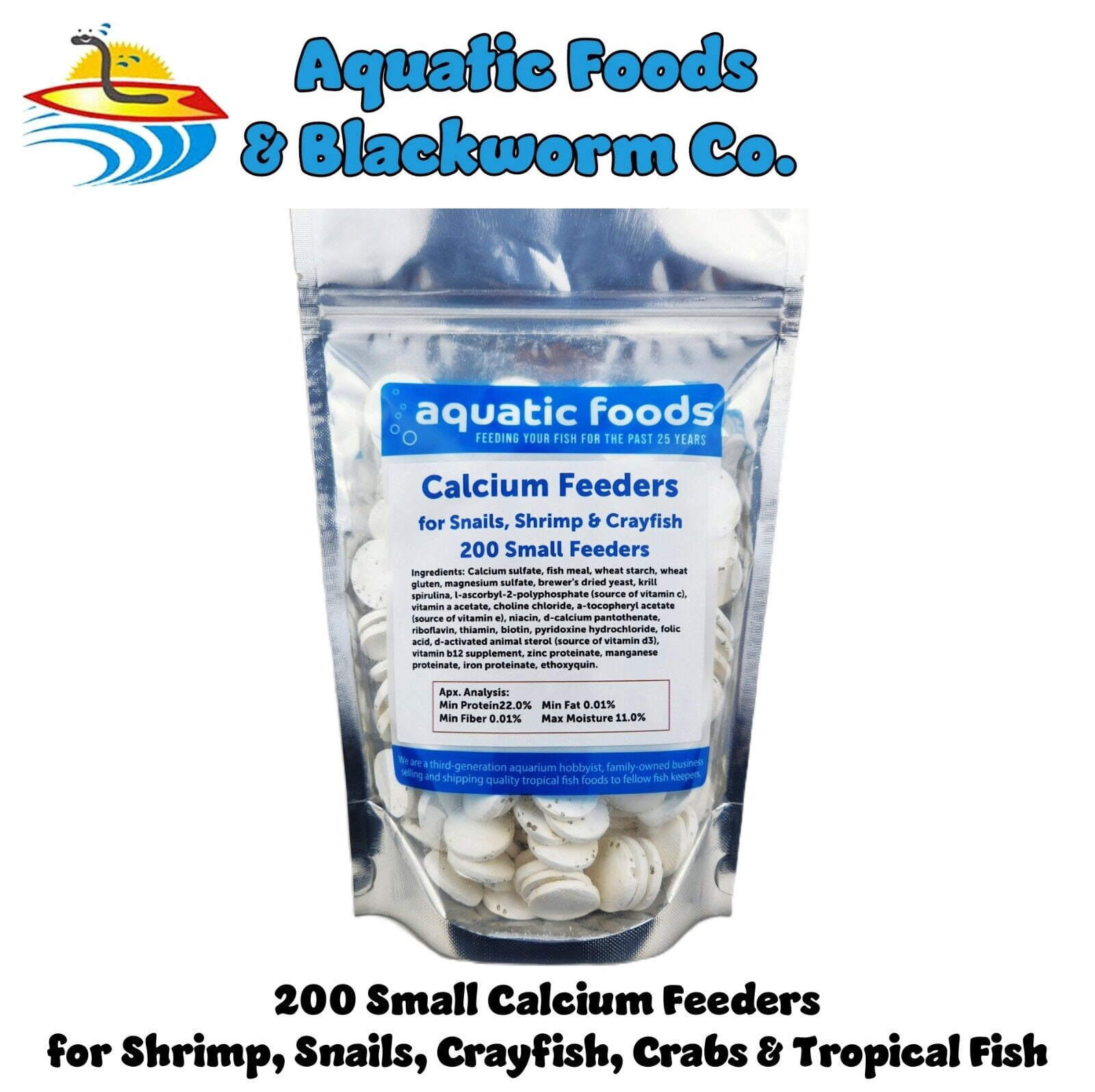 Calcium Enriched small Feeder Disks for Shrimp, Snails, Crabs, Crayfish, Hermit Crabs, Bottom Fish and All Tropical Fish - 200 Count Bag of Smalls