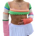 thumbnail image 1 of Pull en Tricot à Blocs de Couleur pour Femmes, Manches Longues, Col Carré, Crochet, Creux, Y2k, Crop Top, Blouse, 1 of 9