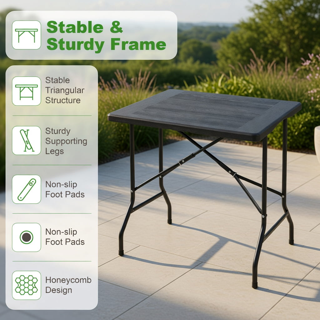 Hommoo 5FT Foldable Picnic Table with Wood-Grain HDPE Top, Non-Slip Feet & Reinforced Steel Frame, Outdoor/Indoor Table for 4-6 People, Black