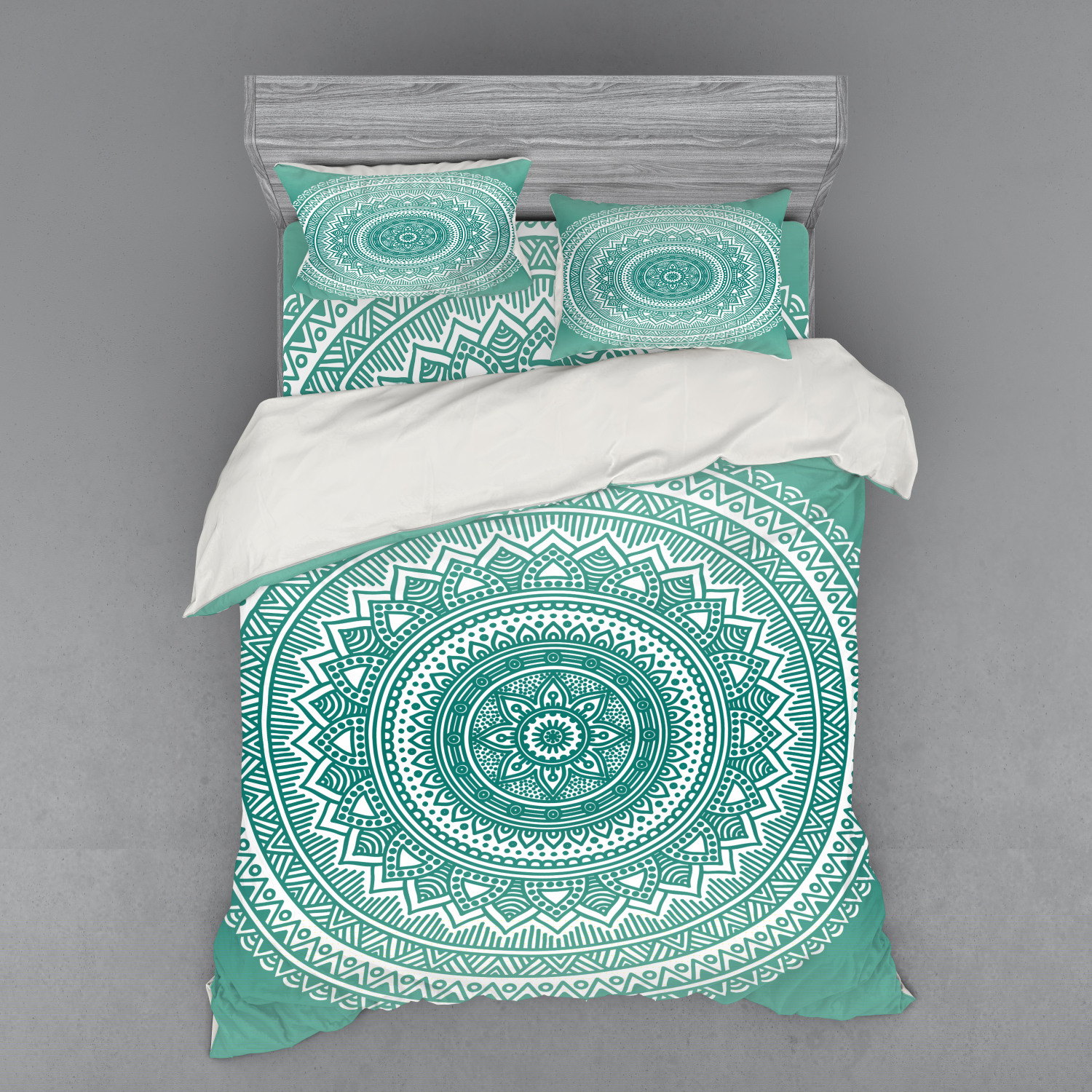 thumbnail image 2 of Teal Ombre Duvet Cover Set, Mandala Pattern Boho Style Floral Dots and Stripes with Petals Print, Bedding Set with Shams and Fitted Sheet, 3 Sizes, by Ambesonne, 2 of 3