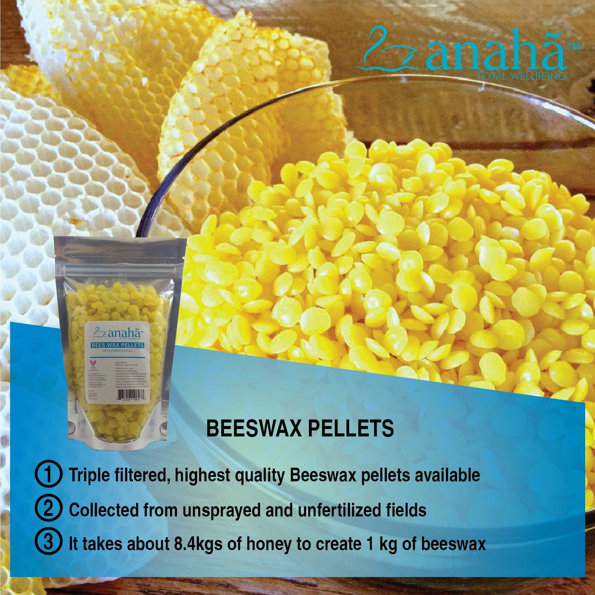 Anaha Yellow Beeswax Pellets (200 G) Refined, Triple Filtered, Non-Deodorized & Unbleached, Cosmetic Safe