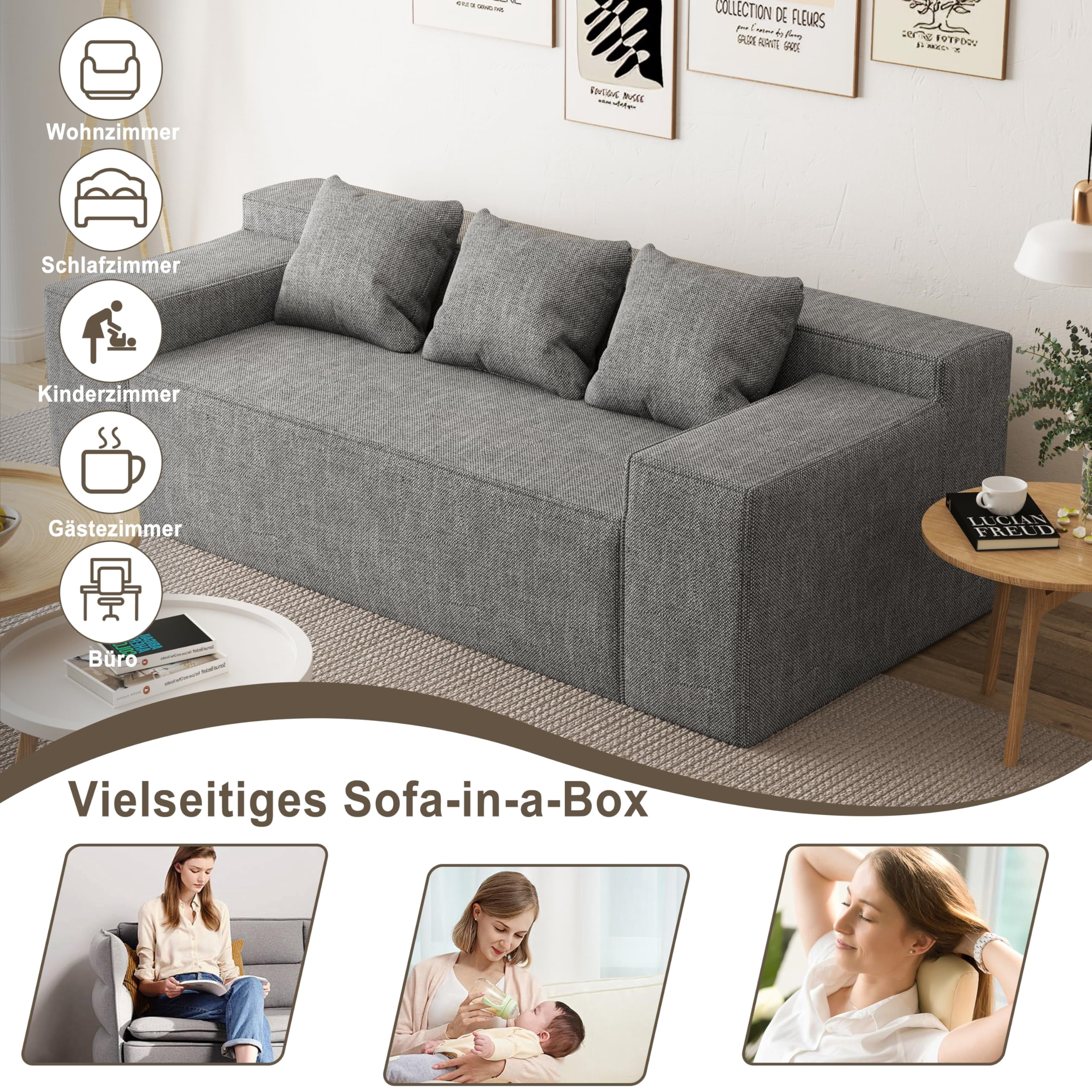 Modern 3-Seater Sofa, Hybrid Sofa in a Box, No Assembly Required, Comfy Sofa Couch with 3 Matching Pillows, Couch for Living Room or Bedroom, Grey