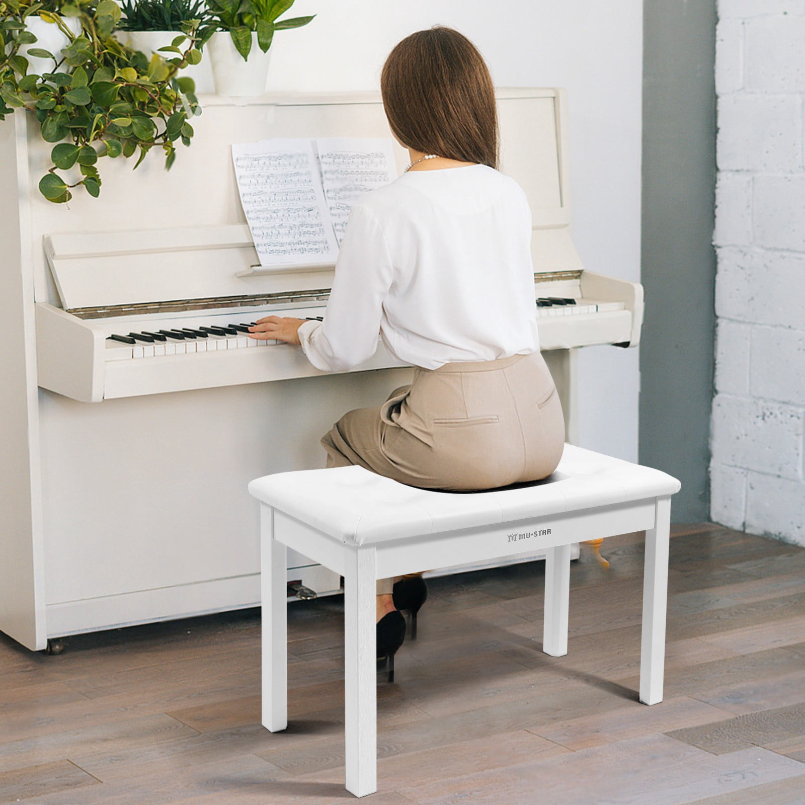Mustar Duet Piano Bench Wood Stool with Storage, Padded Cushion for Keyboard Piano (White)