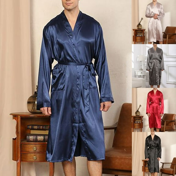 Yaltungu Mens Robes Pajamas Long Sleeve Knee Length Tie Front Bathrobes Loose Lightweight Comfy Sleepwear for After Shower