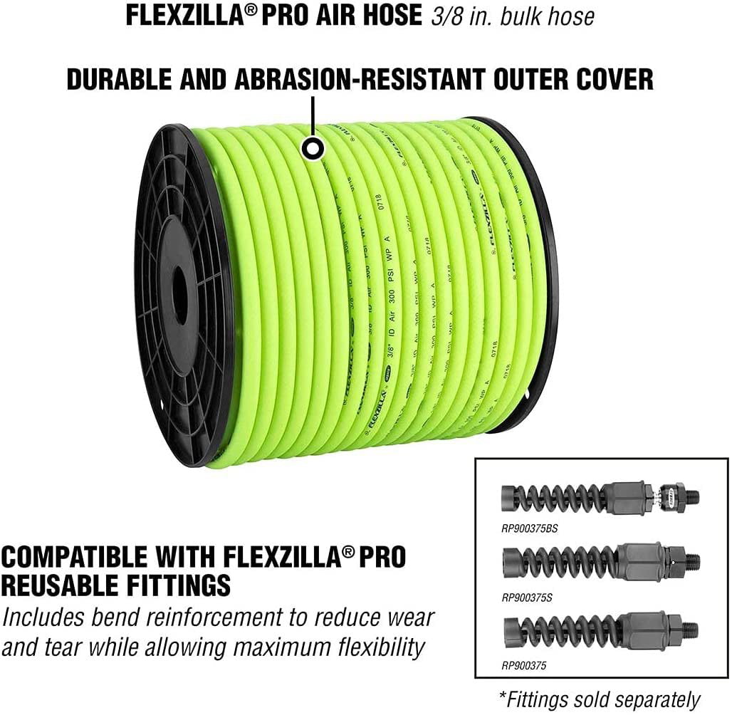 Flexzilla Pro Air Hose, Bulk Plastic Spool, 3/8 in. x 250 ft, Heavy Duty,  Lightweight, Hybrid, ZillaGreen - HFZ38250YW 