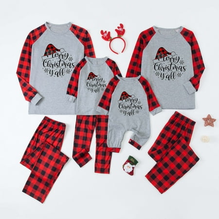 

ZCFZJW Rollbacks Matching Family Christmas Pajamas Grinch Merry Christmas Yall Rwith Red Santa Claus Hats Graphic Plaid Long Sleeve Tops and Pants Two Piece Soft Comfortable Sleepwear Suit(Mom-XL)