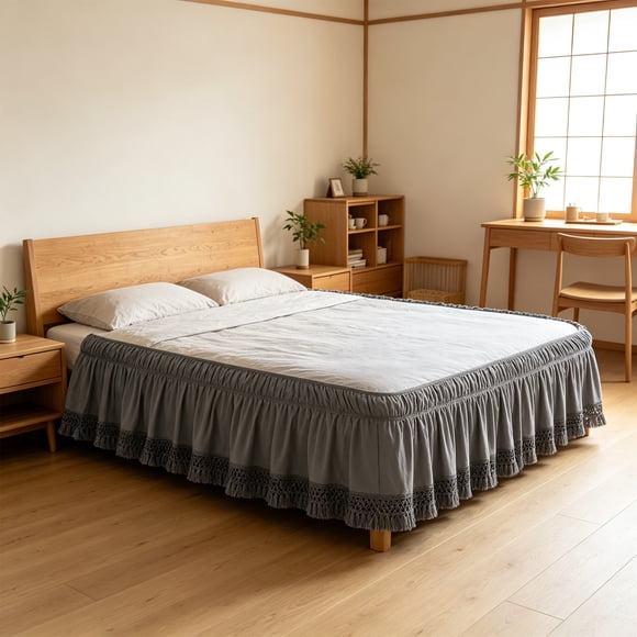 Lisbinx Elastic Pleated Bed Skirt with Pompom Hem, 360° Coverage, Polyester, White or Gray, for 90x190 cm or 138x190 cm Spring/Memory Foam Mattress