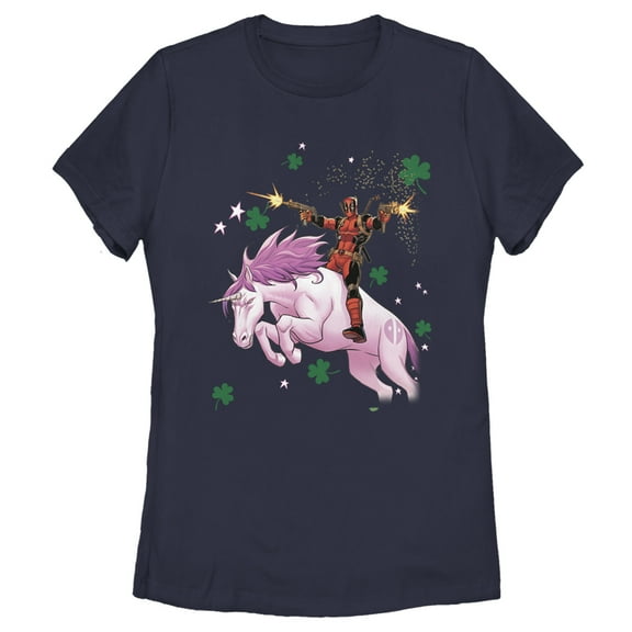 Women's Marvel St. Patrick's Day Deadpool Unicorn Graphic Tee Navy Blue 2X Large