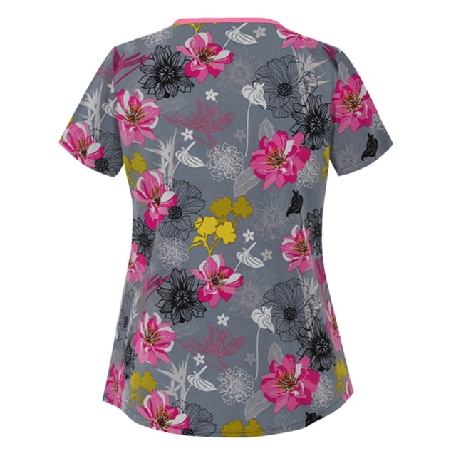 Pompotops Blouse d'Uniforme de Travail à Manches Courtes et Col Imprimé Floral pour Femmes