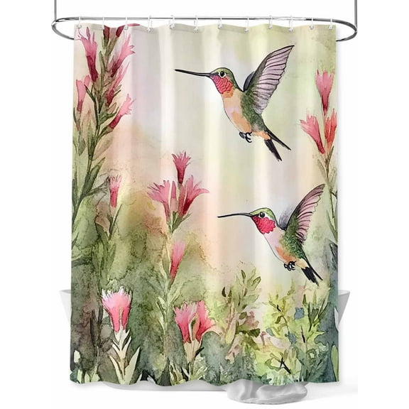 Fsddascl Hummingbird Red Floral Shower Curtain Set - Long 72" x 84" Washable Bathtub Curtain with 12 Hooks, Rustic Botanical Green Ombre Waterproof Fabric Stall Shower Curtains for Bathroom/Bathtub