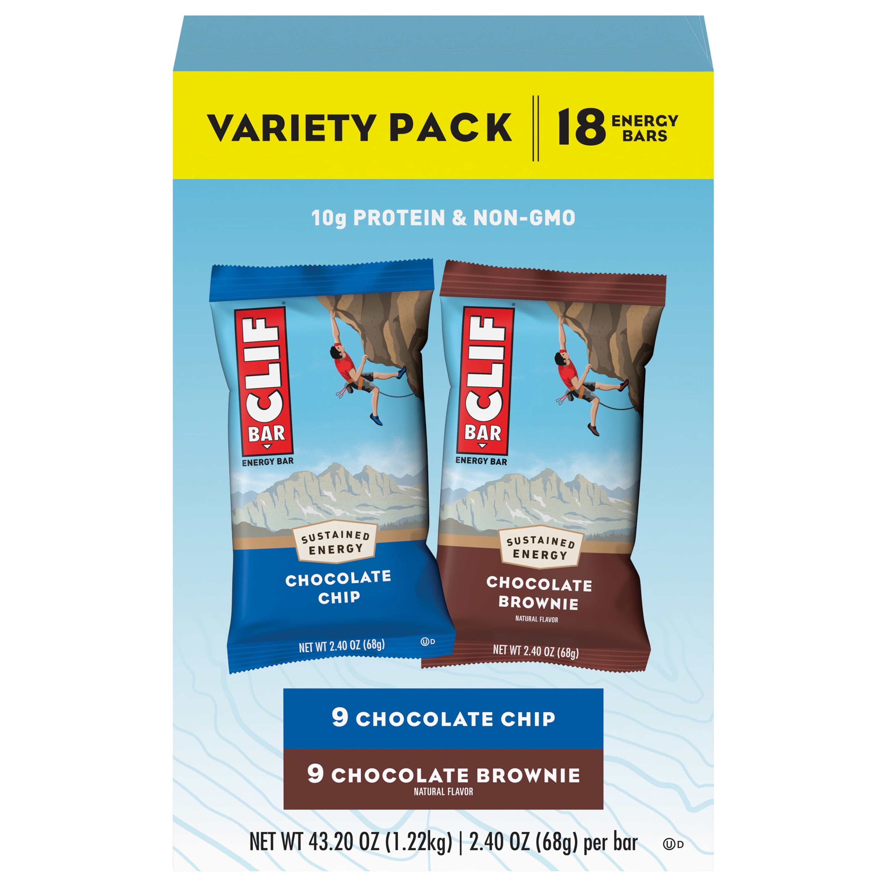 Clif Bar Energy Bar, Variety Pack, Chocolate Chip, Chocolate Brownie, 10g Protein Bar, 18 Ct, 2.4 oz