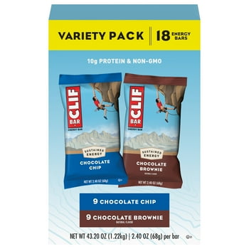 Clif Bar Energy Bar, Variety Pack, Chocolate Chip, Chocolate Brownie, 10g Protein Bar, 18 Ct, 2.4 oz