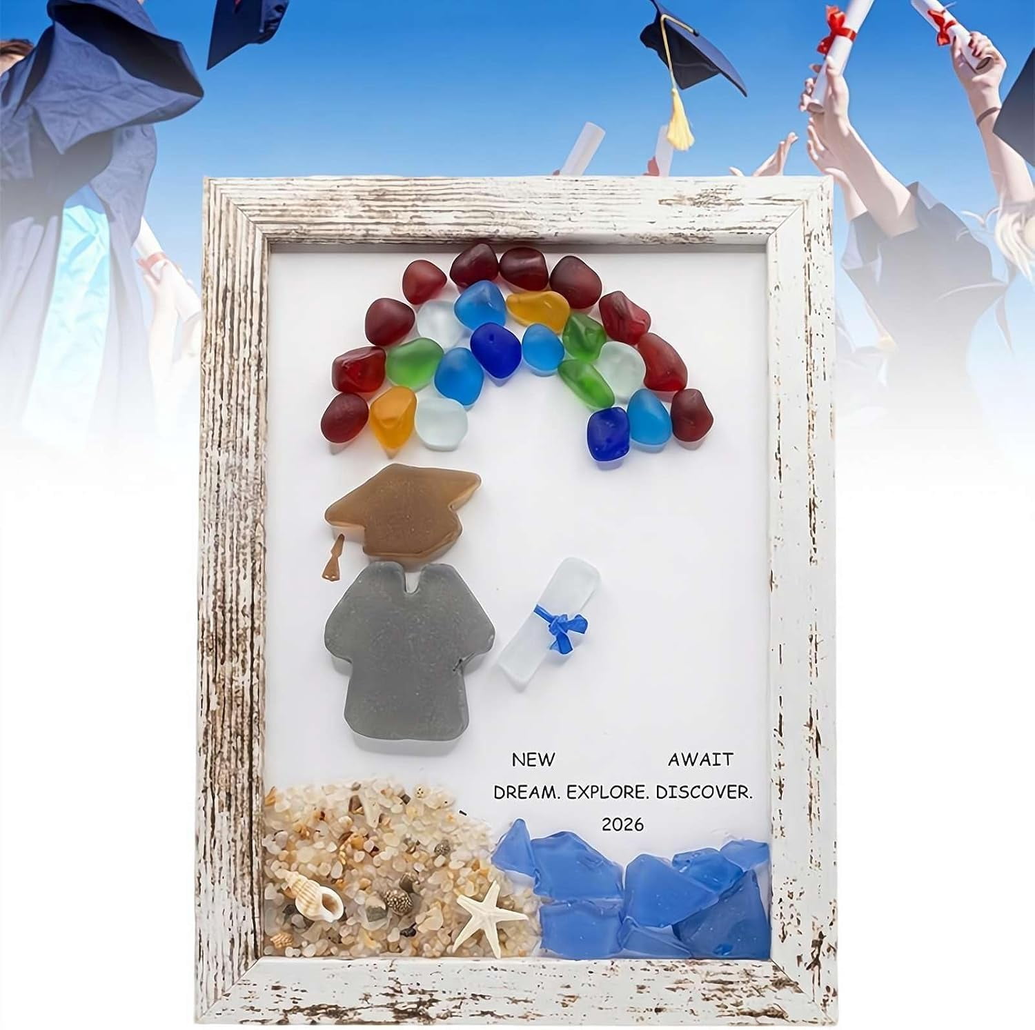 Sea Glass Graduation Gift Class of 2026, Rustic Wood Framed Wall Art, Rainbow Cap Coastal Decor, College High School Graduate Senior Present for Daughter Son Him Her(Q)
